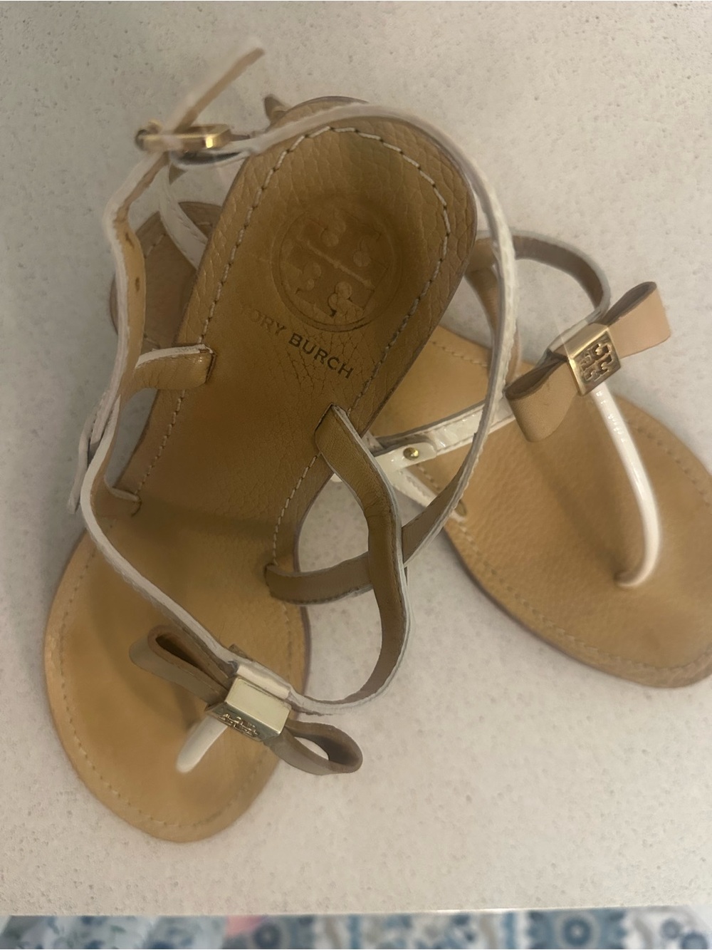 Tory Burch Miller Wedge Thong Sandals Ivory & Tan Leather Women’s Size 8